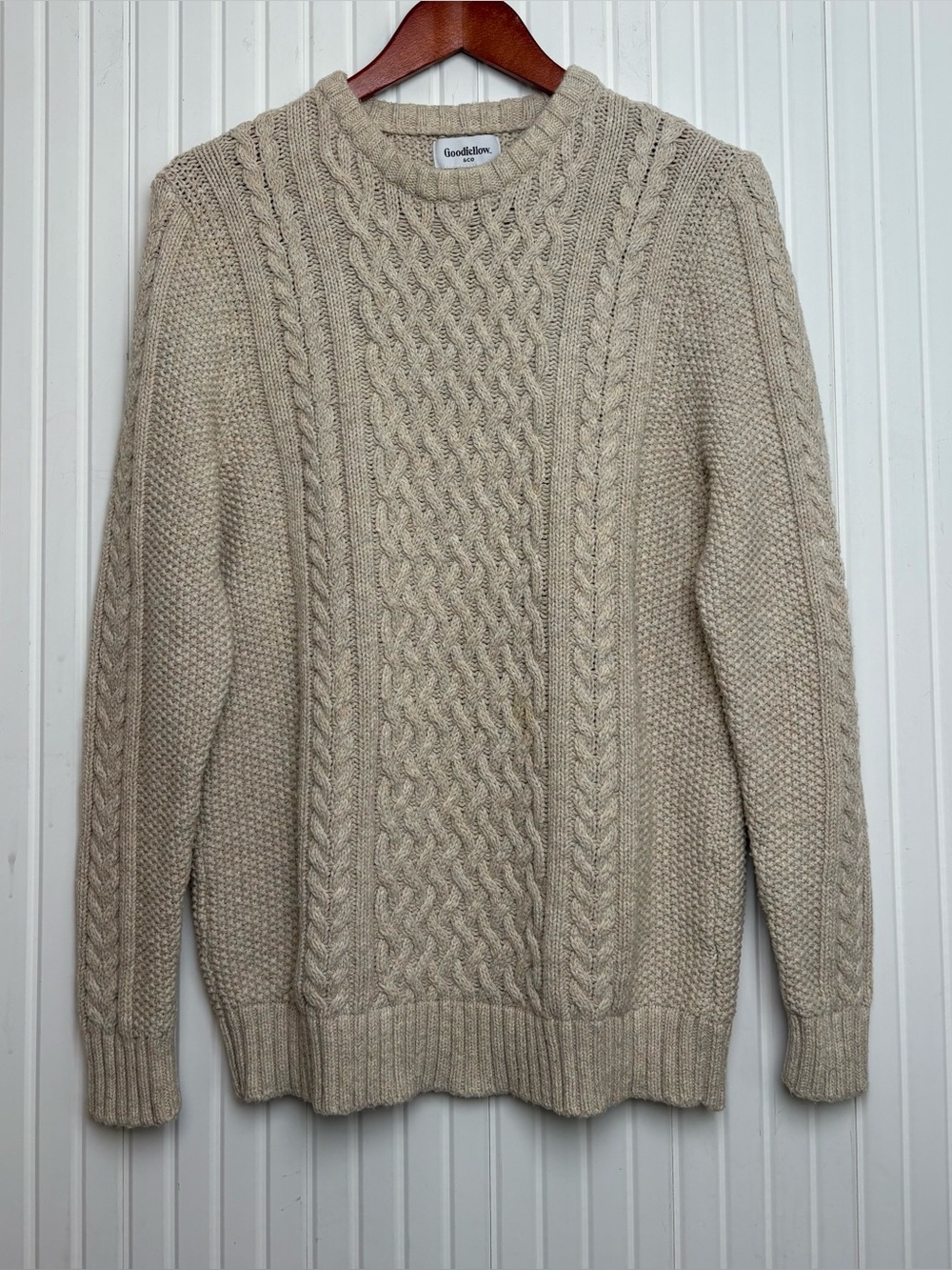 Goodfellow Mens Cable Knit Cream Sweater M Chunky Fisherman Preppy Heritage